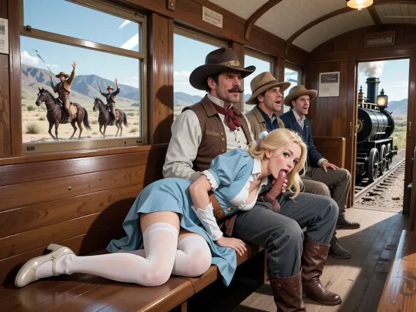 A scene from the Wild West in style of the 1860s, A very beautiful younger noble rich blonde innocent woman 18 yo with an elegant hairstyle with cute face, her clothes are disheveled, unbuttoned light blue dress, white silk stockings, shoes. She travels in the carriage of a steam locomotive moving through the American Wild West. The carriage is simple, with polished wooden benches, polished wooden walls and ceiling. Next to her, man are sitting With a mocking laugh, he are dressed like robber of the Wild West, in cowboy hat with waxed moustaches. His trousers is unbuttoned and pulled down to their knees, and his erect penis . young woman is lying facedown on the bench, head in his lap, sucking his cock, deepthroat, eyes wide. As we drive past, the only things visible from the windows are mountain landscapes and unarmed Mexican bandits on horseback, waving their arms. Stylized manga-style illustration, elongated proportions, expressive eyes, graceful movements, dramatic but stylized lighting, gloomy elegance, emotional atmosphere, clear, precise lines, soft shading with subtle gradients, dot drawings, grayscale print texture, flat color fields, limited CMYK palette, contours in thick ink, retro offset printing, slight color shift, dynamic low-angle composition, bright midday sunlight, diagonal lines of movement, cinematic framing, retro energy of the comic panel