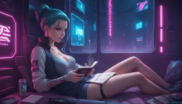 the neon glow of a cyberpunk metropolis, a stunning girl, she has cybernetic implants and glowing tattoos, slowly sipping a cup of hot tea, while reading a paper book, she looks up from the book and out the window to the streets outside which are bathed in pink and turquoise holographic lights, where among flying drones and digital ads, this contrast between the high-tech world and a quiet moment of human warmth creates an unforgettable magic. Her eyes, reflecting the neon light, are full of both strength and tenderness, cyberpunk, str33t, Cyberpunk, <lora:attractive_notrigger:2>, <lora:RMSDXL_Enhance:2>, <lora:cyberpunk_str33t:2>, <lora:EnvyCozyCyberpunkXL01:2>, <lora:Halcyon Cyberpunk Style:2>