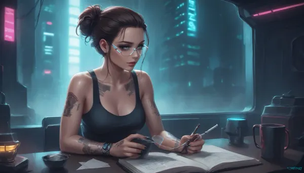 the neon glow of a cyberpunk metropolis, a stunning girl, she has cybernetic implants and glowing tattoos, slowly sipping a cup of coffee, she is wearing a tank top that reveals some of her breasts, while reading a paper book, (she looks away from the book and out the window to the streets outside which are bathed in pink and turquoise holographic lights), where flying drones and digital ads fill the backdrop, Her eyes, reflecting the neon light, are full of both strength and tenderness, cyberpunk, glasses, led, <lora:attractive_notrigger:2>, <lora:RMSDXL_Enhance:2>, <lora:Halcyon Cyberpunk Style:2>, <lora:Cyberpunk_Glasses_-_SDXL:2>, <lora:augs:2>