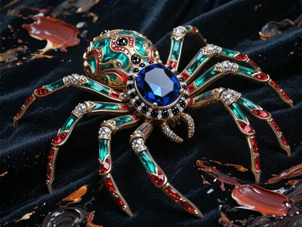 An award-winning fine-art painting masterpiece executed in an elite heavy, chunky Alla Prima impasto style with massive prominent palette-knife oil paint layers and raw textured brushstrokes. A spectacular high-jewelry luxury brooch designed as an intricate spider, lying elegantly on a dark velvet canvas. The spider's abdomen is crafted from a massive, deep midnight-blue cushion-cut sapphire surrounded by pavé-set shimmering black diamonds. The metallic exoskeleton shines with luminescent emerald blue-green and rich metallic ruby-red hues, covered in intricately engraved patterns. The entire canvas is densely covered in a highly tactile matte paint accumulation, with massive, loose blocks of wet oil color and bold palette-knife marks completely defining the gemstone facets, the metallic reflections, and the deep volumetric shadows without smooth digital lines. Masterpiece, rugged paint edge chunks