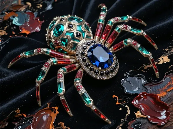 An award-winning fine-art painting masterpiece executed in an elite heavy, chunky Alla Prima impasto style with massive prominent palette-knife oil paint layers and raw textured brushstrokes. A spectacular high-jewelry luxury brooch designed as an intricate spider, lying elegantly on a dark velvet canvas. The spider's abdomen is crafted from a massive, deep midnight-blue cushion-cut sapphire surrounded by pavé-set shimmering black diamonds. The metallic exoskeleton shines with luminescent emerald blue-green and rich metallic ruby-red hues, covered in intricately engraved patterns. The entire canvas is densely covered in a highly tactile matte paint accumulation, with massive, loose blocks of wet oil color and bold palette-knife marks completely defining the gemstone facets, the metallic reflections, and the deep volumetric shadows without smooth digital lines. Masterpiece, rugged paint edge chunks