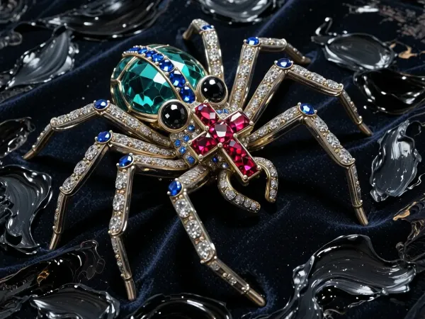 An award-winning fine-art painting masterpiece executed in an elite heavy, chunky Alla Prima impasto style with massive prominent palette-knife oil paint layers and raw textured brushstrokes. A spectacular high-jewelry luxury brooch designed as an intricate spider, lying elegantly on a dark velvet canvas. The spider features brilliant, shimmering black diamonds instead of eyes. Its body is adorned with an exquisite line of deep-blue sapphires running along the center, and on its emerald blue-green metallic abdomen is a highly visible, majestic cross made of rich, glowing red rubies. The entire canvas is densely covered in a highly tactile matte paint accumulation, with massive, loose blocks of wet oil color and bold palette-knife marks completely defining the gemstone facets, the intense ruby-red cross, the metallic reflections of the legs, and the deep volumetric shadows without smooth digital blending. Masterpiece, rugged paint edge chunks.