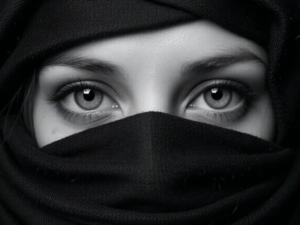 Ultra photorealistic extreme close up monochrome portrait photography, adult woman 28 years old, horizontal panoramic crop filled almost entirely by her eyes and layers of dark fabric, camera positioned perfectly frontal at eye level, only the upper bridge of the nose, both eyes, eyebrows and a narrow strip of surrounding skin visible, lower face completely concealed by multiple overlapping folds of a dark matte scarf wrapped across nose, cheeks, mouth and neck, additional fabric framing the forehead and temples like a hood, enormous expressive eyes staring directly into the lens with intense unwavering concentration, highly detailed irises with complex radial structure, large dark pupils, sharp limbal rings, tiny natural catchlights, individual upper and lower eyelashes rendered distinctly, subtle moisture along the waterline, finely resolved skin pores and natural under eye texture, delicate brow hairs, symmetrical composition with eyes positioned across the upper third, scarf fabric showing exceptionally detailed woven fibers, tiny irregular threads, layered folds and subtle tension lines, deep black background completely disappearing behind the fabric, strong monochrome contrast, luminous silver gray eyes against near black surroundings, directional frontal light concentrated exclusively around the eyes, controlled falloff, 100 mm macro portrait lens character, f 4, razor sharp focus on both irises and nearby textile fibers, subtle grain, restrained vignette, dramatic mysterious editorial realism.
