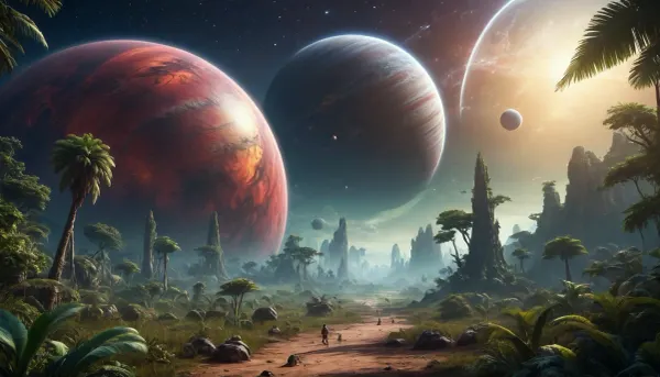 fullcolor image, 8K quality, gas giant satellite planet, fantastic jungles, alien strange landscape, fantastic animals