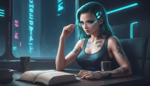 the neon glow of a cyberpunk metropolis, a stunning girl, she has cybernetic implants and glowing tattoos, slowly sipping a cup of coffee, she is wearing a tank top that reveals some of her breasts, while reading a paper book, (she looks away from the book and out the window to the streets outside which are bathed in pink and turquoise holographic lights), where flying drones and digital ads fill the backdrop, Her eyes, reflecting the neon light, are full of both strength and tenderness, cyberpunk, glasses, led, <lora:attractive_notrigger:2>, <lora:RMSDXL_Enhance:2>, <lora:Halcyon Cyberpunk Style:2>, <lora:Cyberpunk_Glasses_-_SDXL:2>, <lora:augs:2>