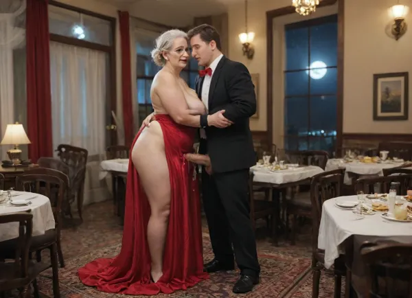 a zoomed-out photo of a 59 years old super extreme plump and extreme chubby granny, the granny is being screwed in a occupied elegant public restaurant, (((the elegant restaurant is well attended))), obese granny is forced to fuck by a young man, night time, the granny bends over at the edge of a set table in red evening dress, the table is set, super short granny, (((granny is wearing a long elegant red evening dress))), ripped red evening dress, (((nude breast))), small breast out of the evening dress, full side view, exposed, small sized breasts, side boob, grey messy hair, (((short cut messy hair))), glasses, the granny is forced to fuck by a super large 40 years old man with huge penis, the thin man is fucking and hugging the granny at night time, man with super short hair, super thin man, the man is wearing a elegant black suit, super slim man, full body view, hyper realistic zoomed-out photo, 8k photo, the man brutaly rapes the granny, creampie, cum inside granny, the granny is looking painfull to the viewer, (((moon and stars are shining at night time)))