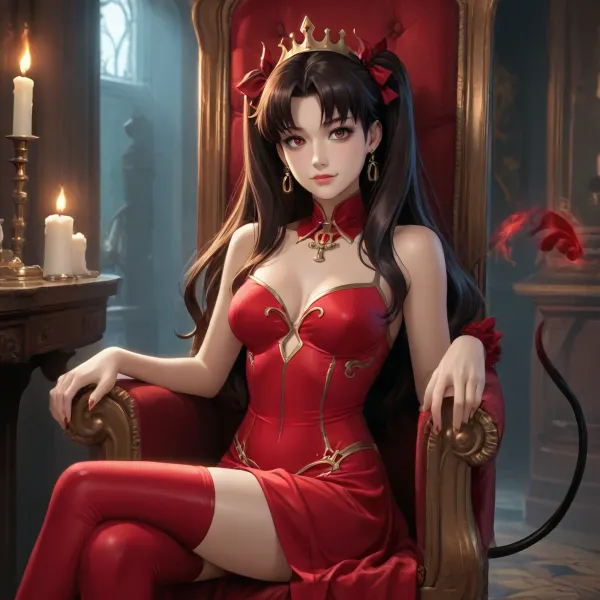 rin tohsaka from fate zero dross style reiq, woman, Sexy devil demon monster queen, sitting on a throne made out of bones, dim light, fire, intricate demon outfit, horns on head, long devil tail, slender body, skinny figure, bright red eyes, seductive smile, maximal details, masterpiece, the whole room is filled with smoke