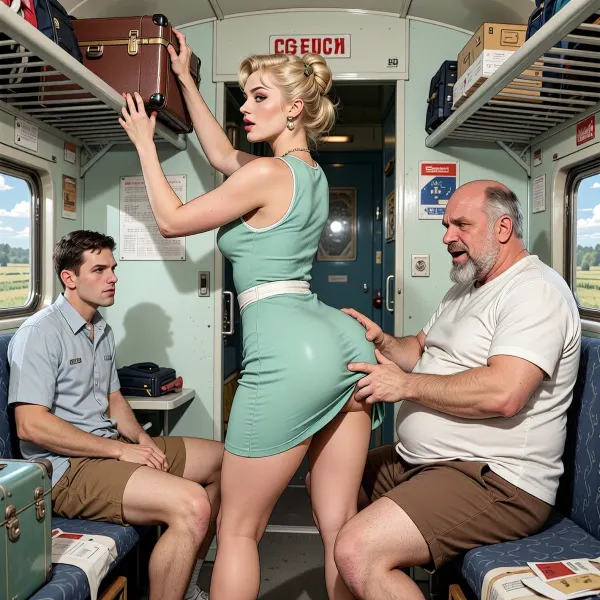 A scene in USSR in 1960s, compartment of a Soviet passenger train, very beautiful 40-year-old woman with elegant gathered hairstyle of blonde hair with cute facend wide hips, she dressed in elegant light green mini dress . She stands sideways in the middle of the compartment with her arms raised, taking a suitcase from the left top shelf. She travels in the carriage through the USSR. The carriage compartment of a Soviet passenger train. a obese Arabian bearded fat old man, dressed in brown shorts and white T-shirt is He is sitting on the bottom right shelf and lift up the hem of her dress above her ass from behind and roughly paws her buttoms With a mocking laugh looking on her ass. On the bottom left shelf sits a scowling younger guy in a shirt and shorts .As we drive past, the only things visible from the windows are landscapes . The overall mood is intense, rendered in fine, expressive line work and subtle shading, evoking the style of 1950s satirical or moralistic illustrations.