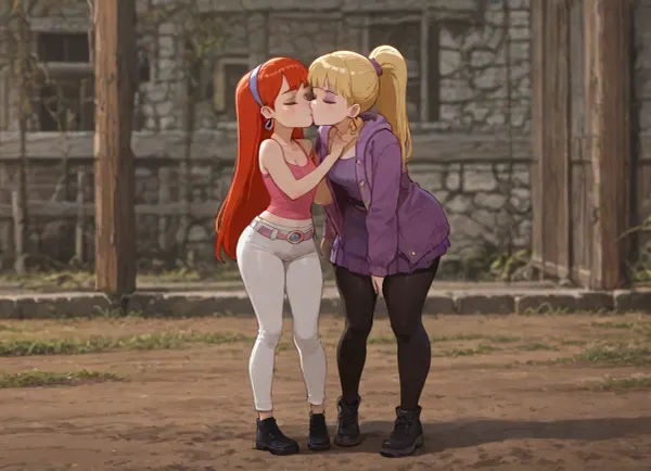 ((Pacifica Northwest from Gravity Falls:1.6), long beach blonde hair with bell-shaped bangs, dark blue eyes, heavy purple eyeshadow, pale skin, lavender hoop earrings, purple jacket over short lavender dress, periwinkle belt, black leggings, off-white boots), and, ((Summer Smith from Rick and Morty:1.6), fair skin, shoulder-length ginger red hair pulled back in a high ponytail, oval face, pointed nose, thin build, wide hips, average height body, bright magenta pink tank top, white capri pants, black slip-on shoes), kissing one another, making out