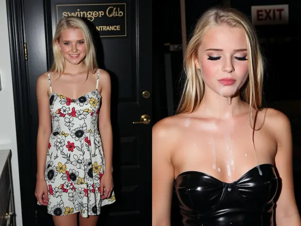 Split screen. Same girl each photo. First screen, Young happy blonde with blue eyes wearing nice summerdress with flower print, standing before black door with sign "swinger Club ENTRANCE". Second screen same young blonde nude wearing shiny black latex top with cum all over face embarrassed, with wet hair, with cum all over her cleavage, perfect makeup, fake lashes, black mascara, ruined makeup, black mascara running down, black background, sign "EXIT".