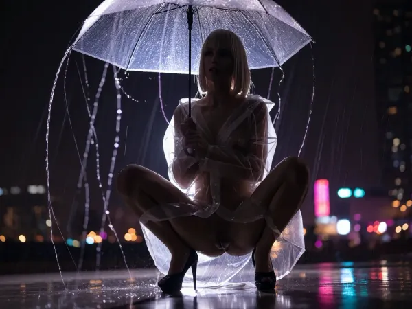 A partial silhouette of a naked woman squatting, facing the viewer view, legs open, hands holding an open clear umbrella. High-heel shoes. Blond bob hair cut, she wears a clear rain coat, A soft highlight pics out her face from the darkness, Vertical rain rendered as glowing violet-purple light trails streaking downward off the umbrella edge, soft wet-glass texture with sharp raindrop streaks in the near foreground, dreamy out-of-focus bokeh lights in warm pink, orange and cool teal glowing softly behind, wet reflective ground, long exposure light painting style, high contrast black and purple palette with soft romantic bokeh glow, moody night atmosphere