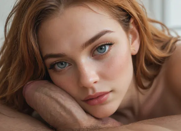 super sexy, ginger, perfect detailed eyes, head laying on a man's large cock, close up