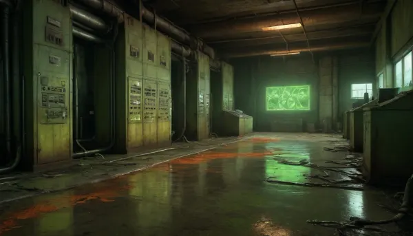 digital painting of a derelict nuclear facility, flickering control panels and old computers under flickering fluorescent lights, trash and waste allaround, toxic-green liquid is dripping from rusty pipes, neon-green and glowing-orange liquid spills across rusted steel beams and cracked concrete floors, viscous and iridescent toxic liquid with jagged puddles reflecting faint emergency lights, in glowing-yellow letters the words “NUCLEAR WASTE” embedded in the liquid’s green surface, H.R. Giger’s biomechanical textures, realistic details, cinematic lighting