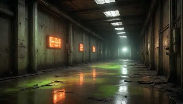 digital painting of a derelict nuclear facility, flickering control panels under flickering fluorescent lights, neon-green and glowing-orange liquid spills across rusted steel beams and cracked concrete floors, viscous and iridescent toxic liquid with jagged puddles reflecting faint emergency lights, the words “NUCLEAR WASTE” embedded in the liquid’s surface, H.R. Giger’s biomechanical textures, 3D-rendered details, cinematic lighting