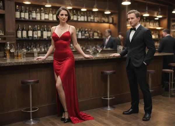 ((photorealistic)), (warm bright lighting), solo 35 year old woman, medium breasts, ankle length dark red ball gown, gown has extreme split at from from ankle to as high as waist, low cut at front to show cleavage, black stockings, black high stiletto heel shoes, ornate diamond necklace, heavy pendant diamond earrings, standing in public bar. Man in evening suit wuth dark red bow tie standing beside woman. Full length view of both men man and woman. Setting is dirty and grubby public bar, many other men in the bar, men all have pints of beer in hands.