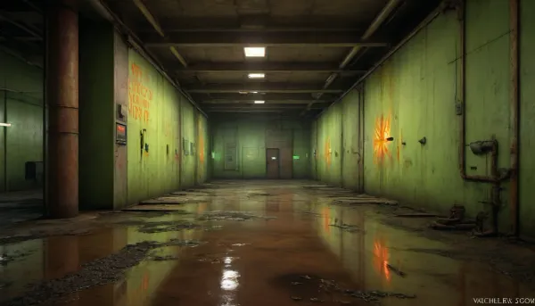 digital painting of a derelict nuclear facility, flickering control panels under flickering fluorescent lights, neon-green and glowing-orange liquid spills across rusted steel beams and cracked concrete floors, viscous and iridescent toxic liquid with jagged puddles reflecting faint emergency lights, in glowing-yellow letters the words “NUCLEAR WASTE” embedded in the liquid’s green surface, H.R. Giger’s biomechanical textures, realistic details, cinematic lighting