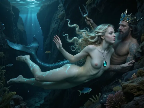 ultra photorealistic cinematic deep ocean fantasy photography, adult woman 24 years old, floating horizontally and weightlessly inside an abyssal underwater canyon, viewed in side profile from a slightly low perspective, head toward the right and long legs toward the left, torso gently arched, both arms raised with relaxed open hands, slim naturally athletic figure, narrow waist, long lean torso, softly curved hips, nude and completely embedded in the surrounding deep water, no visible water surface, no seabed, no horizon, no bright opening anywhere in the frame, no lighter zone above her, upper background as dark as the lower background, no surface shimmer, no sunbeams, no volumetric shafts, no caustic patterns, no cyan highlights painted across the skin, no luminous turquoise reflections, the entire scene illuminated only by extremely weak diffuse ambient deep sea light with no identifiable direction or source, her skin rendered in subdued low saturation cold gray, muted green gray and blue black shadow tones, matte and softly absorbed into the water rather than glowing, realistic pores, fine vellus hair and natural microtexture visible only where faint soft light reaches the body, broad tonal gradients across shoulders, face, torso and limbs, no sharp light lines or bright reflective streaks, soft oval face, delicate tapered jawline, pale gray blue eyes, natural eyebrows, medium full lips, unmistakable deep gentle silent smile, serene awake expression clearly communicating life and calmness, extraordinarily thick blonde hair formed from dense corkscrew curls and long springy spiral ringlets, the entire mass floating far outward around her head, shoulders and upper torso, countless curls suspended independently in three dimensional space, fine silver chain with a polished oval turquoise gemstone pendant, dark and restrained with only a tiny dull highlight, in the distant left background a clearly recognizable fairy tale sea king watches her curiously, adult male, powerfully muscular upper body, long flowing beard, crown like marine adornments, majestic fish tail, one hand holding a trident, half concealed behind dark rock formations and waving underwater plants, body mostly hidden but face, beard, shoulders, trident and tail sufficiently visible to be unmistakable, enormous rock walls and submerged formations fading into progressively deeper blue black darkness, fish schools crossing foreground, mid distance and far background, occasional tiny bubbles, suspended particles barely visible, deep blacks dominating the frame, restrained low contrast palette, heavy atmospheric attenuation, 24 mm full frame underwater photography, realistic refraction, subtle analog grain, highly controlled low key exposure, mysterious fairy tale atmosphere, haunting scale, graceful weightlessness, tactile photorealism