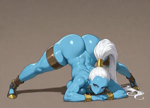 (vados from dragon ball), blue skin and white hair in a high ponytail, solo, nsfw, jack_o_pose, (simple background)