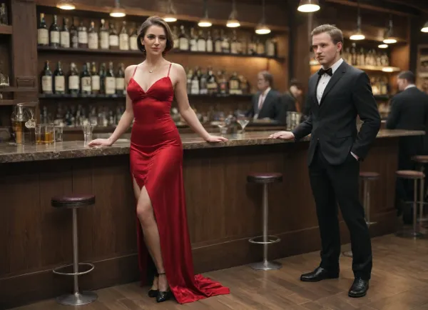 ((photorealistic)), (warm bright lighting), solo 35 year old woman, medium breasts, ankle length dark red ball gown, gown has extreme split at from from ankle to as high as waist, low cut at front to show cleavage, black stockings, black high stiletto heel shoes, ornate diamond necklace, heavy pendant diamond earrings, standing in public bar. Man in evening suit wuth dark red bow tie standing beside woman. Full length view of both men man and woman. Setting is dirty and grubby public bar, many other men in the bar, men all have pints of beer in hands.