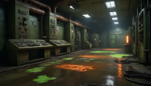 digital painting of a derelict nuclear facility, flickering control panels and old computers under flickering fluorescent lights, trash and waste allaround, toxic-green liquid is dripping from rusty pipes, neon-green and glowing-orange liquid spills across rusted steel beams and cracked concrete floors, viscous and iridescent toxic liquid with jagged puddles reflecting faint emergency lights, in glowing-yellow letters the words “NUCLEAR WASTE” embedded in the liquid’s green surface, H.R. Giger’s biomechanical textures, realistic details, cinematic lighting, bloodpunkai, <lora:BloodPunkAIp:.5>