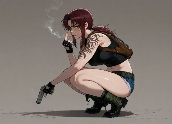 (Ratatatat74), (Revy from Black Lagoon, smoking, gun), squatting, looking at viewer, middle finger, <lora:ratatatat74-000050:.8>