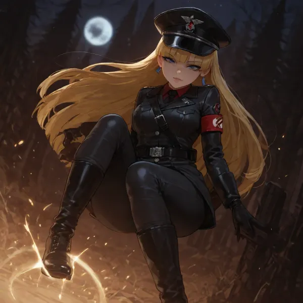 (Pacifica Northwest from Gravity Falls:1.6), long beach blonde hair with bell-shaped bangs, dark blue eyes, heavy purple eyeshadow, pale skin, lavender hoop earrings, wearing a full black leather Nazi-style uniform with peaked cap, tailored black leather tunic and trousers, black leather gloves, black knee-high leather boots, iconic red armband with white circle and black swastika on the left upper arm