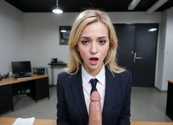 Legal adult woman wearing office uniform, jacket, she's teasing a average-sized-penis in front of her fresh face, elegant blonde hair, manhwa beauty, freckles. Sticky viscous cum drips down from the tip of the penis, ejaculating, facial, sticky white cum fountain, bridging to her mouth. Dark night of a cyberpunk style office room, wall LEDs, black interior, illuminated, spotlight, fluorescent lights, drop shadow contrast, Accurate anatomy. In the style of Kubisi Art. man's pov, top-side angle, dynamic perspective, frame fit, <lora:cockshock:.1>, <lora:Facials:.1>, <lora:White_Slime-000009:.1>, <lora:girllikesplashpad_sdxl:.1>