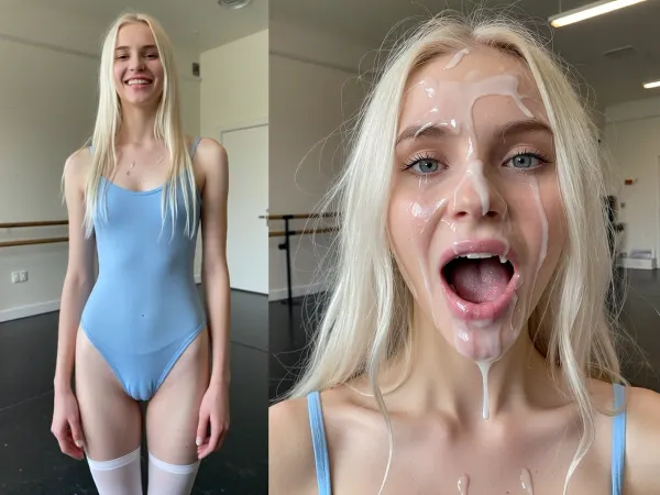 (side-by-side, two full body shot pictures, of the same 6 foot 2 inch tall and 35kg extreme skinny anorexic Norwegian 27yo adult ballet dancer with small tits, long skinny legs, narrow hips, thigh gap, long slim legs, with long whiteblonde hair and tall narrow nose and narrow long face, moles:1.2), BREAK, in the left picture she looks shy and laughing happy, dressed in light blue ballet body suit and white tights, (right picture her face and forehead and hair is completely covered in excessive amounts of realistic semi-transparent cum, an excessive amount of cum is on her face and in her mouth and in her hair, cum is dripping down on her nude chest, cum dripping from nose and chin, cum in hair, cum in eyes), her eyes are open wide, but filled with sticky cum, her hair is messy, (her facial expression in the right picture is extremely horny, moaning in delight, cum is gushing from her mouth:1.2), ((The woman is the same extreme skinny tall pretty adult woman on both pictures, same pose:1.3)), Background for both pictures is ballet practice hall, extremely naturalistic an realistic