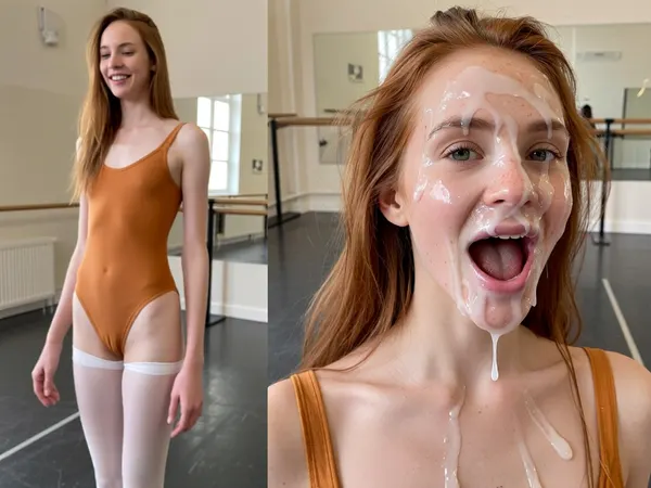 (side-by-side, two full body shot pictures, of the same 6 foot 2 inch tall and 35kg extreme skinny anorexic Dutch 27yo adult ballet dancer with small tits, long skinny legs, narrow hips, thigh gap, long slim legs, with long ginger hair and tall narrow nose and narrow long face, moles:1.2), BREAK, in the left picture she looks shy and laughing happy, dressed in ochre ballet body suit and white tights, (right picture her face and forehead and hair is completely covered in excessive amounts of realistic semi-transparent cum, an excessive amount of cum is on her face and in her mouth and in her hair, cum is dripping down on her nude chest, cum dripping from nose and chin, cum in hair, cum in eyes), her eyes are open wide, but filled with sticky cum, her hair is messy, (her facial expression in the right picture is extremely horny, moaning in delight, cum is gushing from her mouth:1.2), ((The woman is the same extreme skinny tall pretty adult woman on both pictures, same pose:1.3)), Background for both pictures is ballet practice hall, extremely naturalistic an realistic
