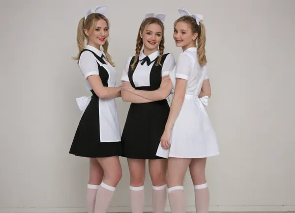 2 beautiful blondes 18 years old with ponytails, white bows, they are thin and tiny, black dress, white apron, soviet school uniform, white high boots, high heels, two blondies, small breasts, laughing, suxl, M3L0DYM4RK5, MELODY-MARKS, Sch0llg1rl, American, European, Scandic, Canadian, uniform, <lora:suxl:.8>, <lora:M3L0DYM4RK5 [vvugot1905cc735fbp19f1]:1.8>, <lora:melody-marks-xl:2>, <lora:Schoolgirl:.8>, style, of, ivanov, vano, soviet, cartoon, <lora:ivanov_vano_style_sdxl:.8>