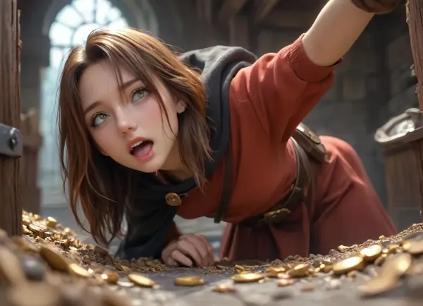 (from side), [young female adventurer 25 years old opening a living wooden treasure chest that is a monster, terrified expression, eyes wide open, mouth open in a scream, recoiling backward in shock, both hands still on the lid, leaning forward mid-flinch, leather armor, hooded cloak partly fallen back, satchel, belt with pouches, dagger at hip, brown hair with strands across face, sweat on forehead, torchlight on her face], [the mimic], rectangular wooden chest, flat hinged lid flipped wide open as a gaping maw, upper jaw is the open lid, lower jaw is the front rim, rows of long jagged yellowish fangs lining both edges, teeth of varying sizes, some broken, glistening saliva strands between rows, thick muscular purple tongue lolling far out of the opening, curling downward over the front panel, wet textured tongue dripping drool, [multiple fleshy writhing tentacles bursting from beneath the chest, from the seams of the sides and back, tentacles with small round suction cups, slick with dark slime, tentacle insert in pussy, curling and reaching toward the woman, some gripping the stone floor], the top of the open lid densely covered with dozens of malevolent staring eyes of many sizes, each with a slit vertical pupil and bloodshot yellow sclera, wet glossy surface, some half-lidded, some wide open, all staring at the woman, chest body made of weathered dark oak planks with visible grain and cracks, bound by rusted iron bands, corroded metal corner brackets, old iron lock on the front panel, wood transitioning into wet organic flesh at the seams, [environment], dark underground dungeon, mossy stone walls, scattered gold coins, jewels and old bones on the floor, dim flickering torchlight, deep shadows, volumetric dust, faint greenish glow from the eyes, fog near the floor, [style], dark fantasy horror illustration, hyperrealistic, cinematic dramatic lighting, high contrast, dynamic action shot, D&D Monster Manual art, concept art, 8k, ultra detailed, sharp focus, but, <lora:BUT_SDXL_SHS:1.8>, <lora:attractive_notrigger:1.5>