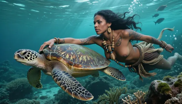 ultra photorealistic cinematic underwater ocean photograph, adult African woman, 28 years old, from a fictional indigenous coastal culture, moving in absolute meditative silence through a vast turquoise ocean while being gently pulled forward by a large sea turtle, strict lateral profile, turtle clearly leading and woman trailing directly behind on the same horizontal axis, one arm fully extended forward, fingers firmly curled over the hard lateral rim of the turtle’s carapace well behind the head, second arm stretched backward close to her body, entire body elongated into one calm streamlined line, long dark hair, carved bone beads, wooden ornaments, necklaces and loose woven fabric elements streaming backward together through the water, serene focused face, open dark brown eyes looking forward, mature sculpted features, handcrafted traditional clothing made from weathered leather, woven plant fibers, beadwork, bone and wood, extraordinary material realism, every wooden bead showing grain, scratches, worn edges and tiny imperfections, aged leather with pores, creases and water darkening, plant fibers visibly softened by water, exceptionally realistic dark sun bronzed skin with visible pores, peach fuzz, tiny scars, faint pigment variation, natural unevenness, subtle goosebumps and a soft aquatic sheen, intricate hand tapped geometric tattoos sitting naturally within the skin, majestic sea turtle rendered with extreme anatomical precision, richly weathered shell, layered scute texture, algae traces, translucent wet highlights, realistic eye, leathery head and powerful flippers, deep three dimensional underwater environment, blurred foreground coral and vegetation creating natural framing, razor sharp woman and turtle in the middle plane, immense reef landscape falling away behind them into multiple depth layers, nearby rocks highly detailed with algae, coral growth, sediment and rough mineral texture, distant formations progressively disappearing into deep teal and almost black aquatic haze, strong natural light absorption with depth, very deep shadows inside reef crevices, brilliant turquoise and cyan highlights near the surface, saturated teal midtones, dark blue green shadows, strong but realistic local micro contrast, luminous caustic patterns moving across skin, shell, jewelry and stone, narrow volumetric sunbeams cutting through suspended particles, tiny bubbles rising, distant fish schools partially disappearing into atmospheric depth, deliberately underexposed by two stops, deep blacks without crushed detail, restrained highlight rolloff, matte realistic surfaces, cinematic dynamic range, 24mm full frame underwater photography, subtle optical falloff, fine analog grain, extremely high micro detail, tactile realism, atmospheric depth, monumental scale, immersive underwater stillness, rich saturation, powerful contrast, photorealistic documentary quality