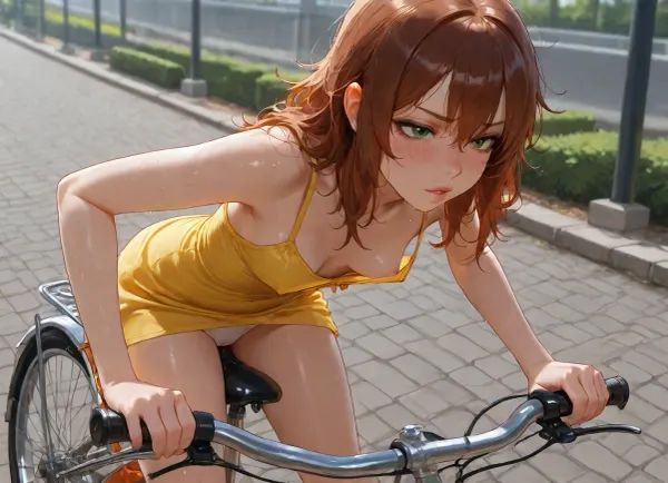 realistic style, young woman on a bicycle, park, riding a bicycle, cobblestone road, petite, (brown hair), (long messy hair), (small boobs), (fair skin), freckles, (detailed green eyes), (wearing yellow sundress), (black eyeliner), (wet spot on white panties), pussy rubbing on the seat, hands on handlebars, hunched forward, panting, looking down, red face, cheeks red, intense arousal, erect nipples