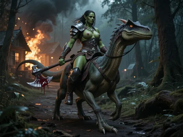 Uber realistic, 8k, ultra detailed, masterpiece, Beautiful female fantasy orc, (green skin), mounted riding a large Raptor, Raptor walking on back 2 legs, front legs very short, along a dark forest path, riding away from human village on fire, bloody war axe in hand, armor, detailed face, detailed hair, detailed body, detailed skin, detailed breasts, High, Resolution, More, Details, 8K