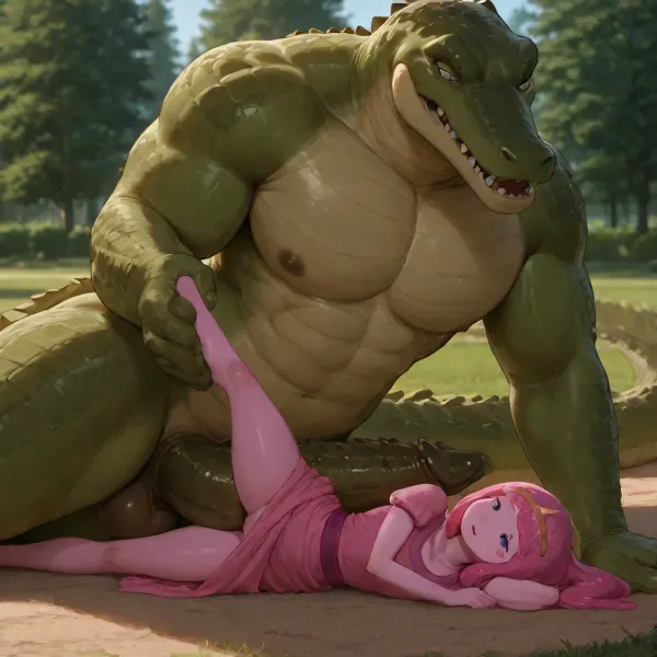 (Princess Bubblegum from Adventure Time:1.6), long pink hair, pink skin, blue eyes, pink dress, (small petite body:1.3), (lying on side leg up:1.5), ((anthropomorphic male crocodile:1.5)), size difference, big green cock, (in park:1.3), Movie, Still, Film, Cinematic, Shot, Lighting, <lora:add-detail-xl:1.2>, <lora:JuggerCineXL2:.9>, <lora:add-detail-xl:1.3>