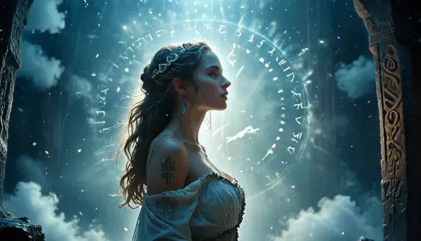(Dark Fantasy Artwork), artistic, low angle, 40 yo, belle caucasian female, ancient circular runic emblem, glowing white runes, inscribed on a mystical dark celestial background, floating in a cosmic void, surrounded by swirling ethereal nebula clouds and light dust particles, soft volumetric lighting, mysterious atmosphere, germanic mythology aesthetic, intricate runic carvings, glowing white light, dark mood, deep shadows, high contrast, ethereal, mystery, mystical fog, natural beauty, /KlTTY-ART/, <lora:COMFYUI_mimic_landscape_-_XL_SDXL v2.0:.1>, <lora:MJ52:.1>