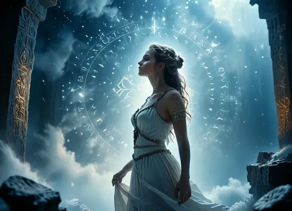 (Dark Fantasy Artwork), artistic, low angle, 40 yo, belle caucasian female, ancient circular runic emblem, glowing white runes, inscribed on a mystical dark celestial background, floating in a cosmic void, surrounded by swirling ethereal nebula clouds and light dust particles, soft volumetric lighting, mysterious atmosphere, germanic mythology aesthetic, intricate runic carvings, glowing white light, dark mood, deep shadows, high contrast, ethereal, mystery, mystical fog, natural beauty, /KlTTY-ART/, <lora:COMFYUI_mimic_landscape_-_XL_SDXL v2.0:.5>, <lora:MJ52:.1>