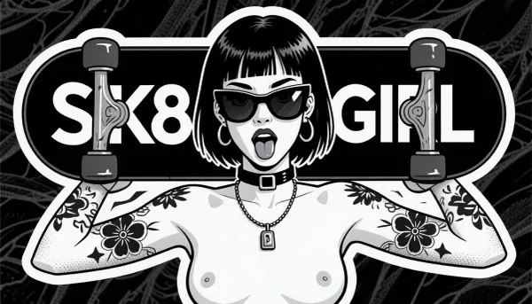 pure monochrome sticker illustration, high resolution black and white tattoo flash inspired graphic art, clean vector like linework, crisp inked contours, bold simplified shapes, dense solid black fills, subtle gray stippling and controlled cross hatching, screen printed sticker aesthetic, authentic die cut sticker appearance, strong graphic stylization, flat illustrative rendering, high contrast black gray and white palette, the typography is a priority element, on the left half of the board, "SK8", on the right half of the board, "GIRL", both inscriptions are separate typographic elements placed directly on the black underside of the board, SK8 must remain one compact uninterrupted three character alphanumeric logo, S followed immediately by K followed immediately by 8, all three characters on one horizontal baseline, tightly grouped, large, bold, crisp, white, and clearly readable, GIRL must remain one compact uninterrupted four letter wordmark on the right side, matching SK8 in typeface, weight, height, and visual presence, the trucks stay near the far outer ends and may overlap the typography only minimally while every character remains legible, adult nude woman, 25 years old, stylized punk board girl shown from approximately the waist upward, bold symmetrical frontal composition, perfectly centered, short straight jet black bob haircut ending around jaw length, heavy blunt fringe across the forehead, glossy graphic hair highlights, large oversized black sunglasses covering most of the upper face, thick shiny lenses with small white reflections, head tilted slightly backward, mouth open in a rebellious playful expression, full outlined lips, visible tongue, large circular hoop earrings, black choker with a small rectangular buckle, simple chain necklace with a small rectangular padlock pendant, small firm upturned breasts with long prominent nipples, exaggerated comic pinup proportions, both arms raised outward and upward while holding the board horizontally behind her head and shoulders, hands gripping the board close to both outer ends, board viewed from below with trucks and wheels clearly visible, simplified but recognizable hardware, several tattoo motifs across both forearms and upper arms, bold flowers, tiny symbols, decorative flash style elements, crisp black outlines around the full silhouette, broad white die cut sticker border surrounding the woman and the board, thin black outer contour, isolated physical sticker resting on dark wrinkled textured fabric, authentic printed surface, slightly distressed ink texture, gently uneven die cut edge, visually very close to classic underground skate sticker art and black ink pinup flash illustration