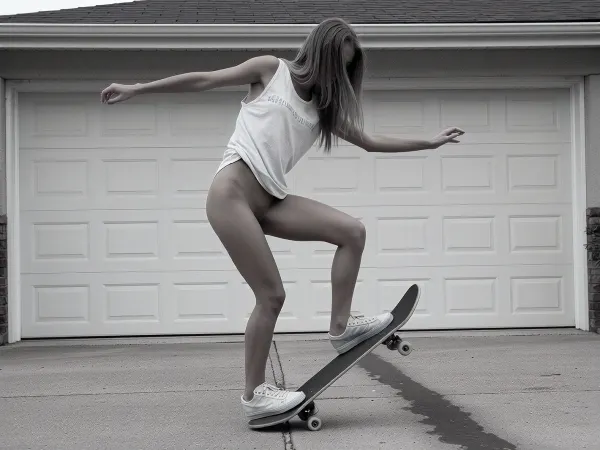 ultra photorealistic black and white action photography, adult woman, 24 years old, slim naturally athletic build, dynamic candid suburban skate moment, medium full body shot, she is balancing on a skateboard in a driveway directly in front of a closed double garage door, both arms stretched wide outward for balance, body slightly twisted, one knee bent deeply and lifted, the other leg bearing her weight on the board, the skateboard tilted at an angle as if she is performing a small freestyle trick or unstable landing, head lowered and turned slightly to the side, long blonde hair falling forward and partly covering her face, creating a spontaneous anonymous feeling, loose sleeveless light colored tank top with a casual worn texture and faint printed lettering, the fabric pulled and draped naturally across the chest and torso by movement, very short fitted shorts, low cut white sneakers with visible laces and slightly worn soles, realistic skin texture, subtle muscle tone in the legs, natural body tension, candid imperfect posture, concrete driveway with faint surface texture and a dark seam or cable line visible in the foreground, soft overcast daylight, high contrast monochrome tonality, slightly grainy documentary look, shallow motion blur in the moving limbs and hair while the body remains readable, authentic street snapshot aesthetic, unposed energy, raw realism, no glamour polish, realistic full frame photography, 50 mm lens, natural perspective, suburban background kept simple and unobtrusive, emphasis on movement, balance, spontaneity and believable everyday skate culture atmosphere