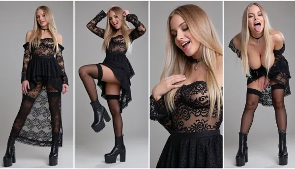 view from far below, (solo, blonde, girl, tall, (young but experienced:1.4), perfect legs, long elaborate lace dress, made up, black nylons, platform boots, fun, (evolving scenes in different panels, in the first panel she is standing she stands quietly and shyly fully dressed, in the second panel she is laughing and throwing her head back while showing leg and smiling lasciviously, in the third panel she is putting her voluptuous breast with open mouth and tongue out far, in the last panel she bents over and spreads her pussy lips), low saturation background)