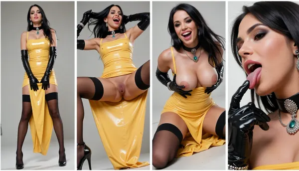 view from below, (solo, black hair, Brazilian girl, perfect legs, long yellow latex dress, very made up, black nylons, black jewelry, latex gloves, stilettos, fun), (evolving scenes in different panels, in the first panel she is standing she stands quietly and shyly fully dressed, in the second panel she is laughing and throwing her head back while showing legs and smiling lasciviously, in the third panel she is putting her saggy voluptuous breast with open mouth and tongue out far, in the last panel she is sucking her fingers), low saturation background
