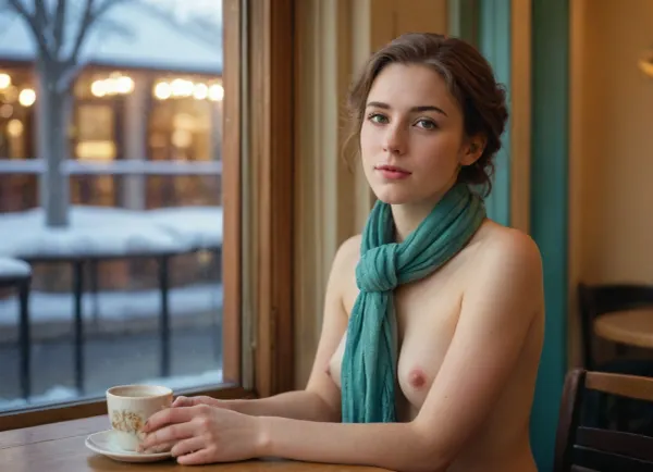 A HD fauvism art photograph taken by Loretta Lux, of a naked woman sitting relaxing with a pale expression, looking out the window of a cozy snow-streaked classic European cafe at night, sheer scarf covering her neck, waiting for someone, Christmas tree outside, soft pastel ambient lighting, shot on 35mm lens, f/1.8, Kodak Portra 400, 8k resolution, photorealistic, shallow depth of field, sharp focus, film grain, romantic atmosphere, cinematic gradient, lighting illuminated by soft warm golden light, teal shadows, closeup, luminism, rules of thirds