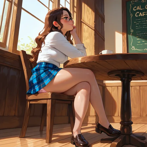 high quality, masterpiece, best quality, highly detailed, 1girl, portuguese, dark brown wavy hair, shoulder length hair, glasses, freckles, cute face, tall, plump, medium breasts, soft body, short plaid skirt, light pink lace panties, deeply in love expression, happy, light blushing, lewd, horny, impatient look, sitting on a chair at a café table, legs crossed then uncrossed, skirt shifting, full body view, low frontal angle looking up under the table, small traditional café, wooden tables, large window, soft daylight, soft natural window light, gentle under-skirt shadows, detailed skin texture, slight sheen on lace, realistic fabric folds, calm café atmosphere