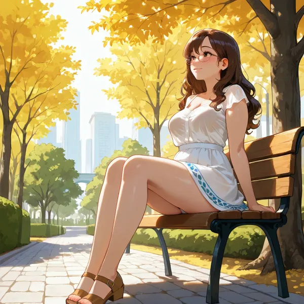 high quality, masterpiece, best quality, highly detailed, 1girl, portuguese, dark brown wavy hair, shoulder length hair, glasses, freckles, cute face, tall, plump, medium breasts, soft body, flowy summer skirt, white sheer panties, deeply in love expression, happy, light blushing, lewd, horny, impatient look, sitting on a park bench reading, legs naturally open, light breeze lifting the skirt, full body view, low three-quarter angle looking up, quiet traditional city park, old trees, stone path, soft late afternoon light, warm golden sunlight filtering through leaves, gentle shadows under the skirt, detailed skin texture, visible wetness through sheer fabric, realistic fabric movement, peaceful park atmosphere