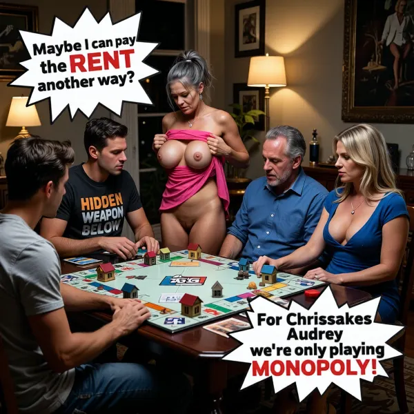 Hyper-realistic masterpiece, 8k UHD, highly detailed, sharp focus, cinematic chiaroscuro lighting, warm side lighting from a tall corner floor lamp, night time interior dining room. A diverse group playing a large colorful Monopoly board game with tiny plastic houses on the table. A younger man, (30s), sitting and wearing a tee shirt with bold text "HIDDEN WEAPON BELOW". An older man, (60s), sitting, with grey hair wearing a blue shirt. A very busty blonde woman, sitting on the right wearing a blue short dress with a deep low scooped neckline. An older plump woman, 60s, with messy grey hair standing on the left, topless, removing a pink dress, flashing enormous silicone-enhanced 48G saggy breasts, wearing tiny panties. Action, the older woman is undressing and flashing the younger man. Two large jagged edge text boxes, top left reads "Maybe I can pay the RENT another way ?", bottom right reads "For Chrissakes Audrey we’re only playing MONOPOLY !". Rich textures, skin pores, fabric detail, dramatic shadows, moody atmosphere, vivid colors.
