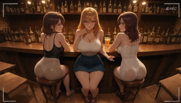 masterpiece, best quality, ultra-detailed, sharp focus, highly detailed, (3girls, 3 people, three girls, all three girls equally visible), three beautiful girls sitting side by side on tall bar stools at a large full-sized bar counter, (girl on the left, girl in the middle, girl on the right), short skirts, tight tank tops, different hairstyles and hair colors, attractive faces, light smiles, talking to each other, casual conversation, each holding a drink in her hand, glasses and cocktails on the counter, modern bar interior, long wide wooden bar counter at proper realistic height and scale matching the girls, tall bar stools, shelves of glass bottles behind the bar, warm LED lights illuminating the bottles, soft golden and amber lighting, reflections on glass, stylish modern bar atmosphere, 3/4 angle view, three-quarter view, camera slightly from the side, full body view, wide angle, group composition, no single character focus, correct proportions, uncensored