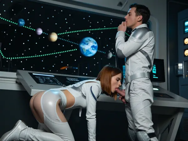 vaisseau spatial, 2 humains, à gauche de l'image une jeune héroïne de 3/4 dos innocente rousse cheveux au carré tourne le dos à une grande console futuriste elle est à genoux en tenue de vol blanche moulante futuriste elle baisse les yeux et suce profondément la bite d'un homme dans la même tenue de vol que la femme, elle enfonce la bite loin dans sa gorge il est debout, il lève la tête il a la tête tournée vers le plafond, les yeux tournés vers le haut ou la console qui comporte un grand panneau de verre en face de lui représentant un système solaire avec plusieurs planètes et une trajectoire en petits pointillés verts fluos, il a les cheveux bruns foncés il se tient le menton avec une main, (cadrage en pied corps entier prise de vue par canon 5D 28 mm f:6.2), speed 1/3 iso 200 focus sur le visage, photo intimiste un effet très prononcé par l'utilisation d'un filtre optique vissé sur l'objectif qui diffuse la lumière pour adoucir les hautes lumières, réduire légèrement le contraste et créer un halo autour des sources lumineuses rendant l'ambiance poétique et féerique à la scène qui devient presque surnaturelle, corps entier de la femme visible