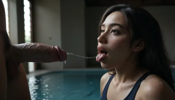 extreme close-up side view of a central asian, ((chubby slutty model, 30 y.o.)), open mouth and tongue out, a 20 inch dick is in front of her, ((dick 2 inches away from her face)), huge glistening dick full of saliva 2 inches away from her face, ((thick and long saliva strand from her lips to the tip of the dick:1.3)), tongue sticking out, olympic pool background, ((central asian kazakh girl, kazakh facial traits, asian eyes, high cheekbones)), black hair, wearing a tight dark olympic swimsuit, ((happy teary eyes, looking at the tip of the cock:1)), <lora:SDXLHighDetail_v6-000005:2>, <lora:detailer-xl:2>, Object, gd, erection, sex, toy, penis, large, <lora:Penis_XL:1.5>, <lora:dark:.8>
