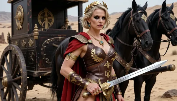 Ancient Roman Queen, curvy woman, strong, muscular and powerful, 39 years old, short messy blonde hair, short wavy hair, heavy dark gothic makeup, beautiful face, wearing detailed fancy brown armor decorated with gold laurels and Raman symbols, red cape, wearing a golden laurel wreath around her head, fancy antique golden jewelry rings, necklaces and several earrings, holding shortsword, standing by a dark oak war chariot, roman style, pulled by 4 large black wild horses, ancient desert fantasy battlefield background, detailed realistic skin texture with imperfections and pores, detailed realistic eyes, detailed realistic hair, detailed realistic gold jewelry, detailed realistic armor, detailed realistic roman gladius short sword, photo realistic, highly detailed, detailed realistic hand and fingers