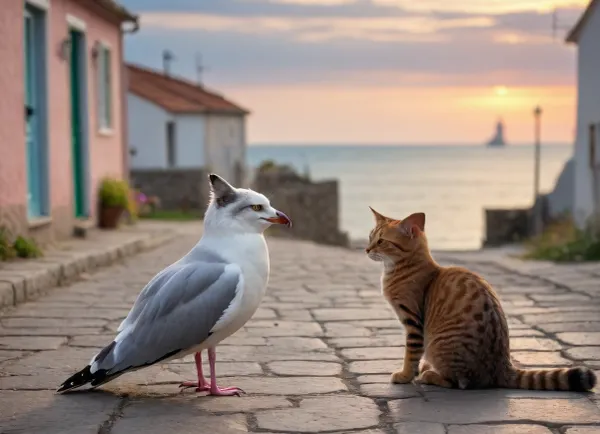 a seagull and a cat are talking in the street of a small seaside village, on the horizon you can see the sea